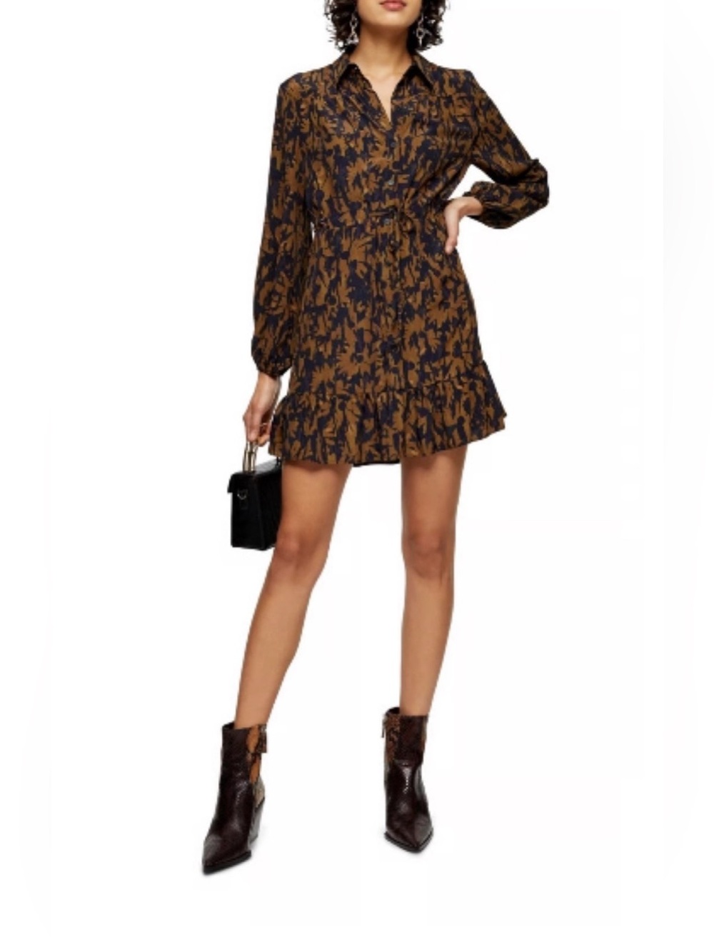 Topshop Dress, Floral Camouflage Long Sleeve Size 6 Button-Front Drawstring